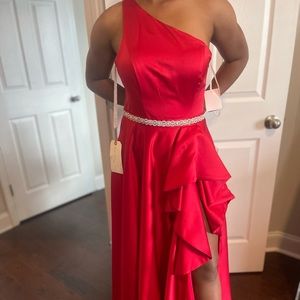 One shoulder red prom dress